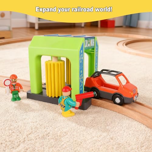 Car Wash Station Playset for Wooden Train Tracks - Pretend Play Toy with Car and Figures