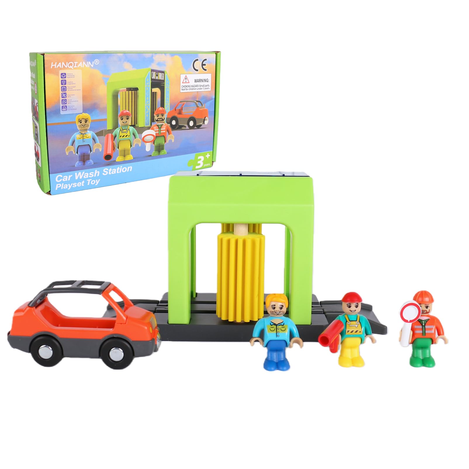 Car Wash Station Playset for Wooden Train Tracks - Pretend Play Toy with Car and Figures