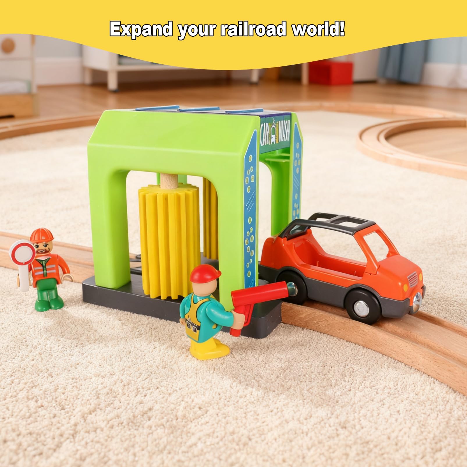 Car Wash Station Playset for Wooden Train Tracks - Pretend Play Toy with Car and Figures