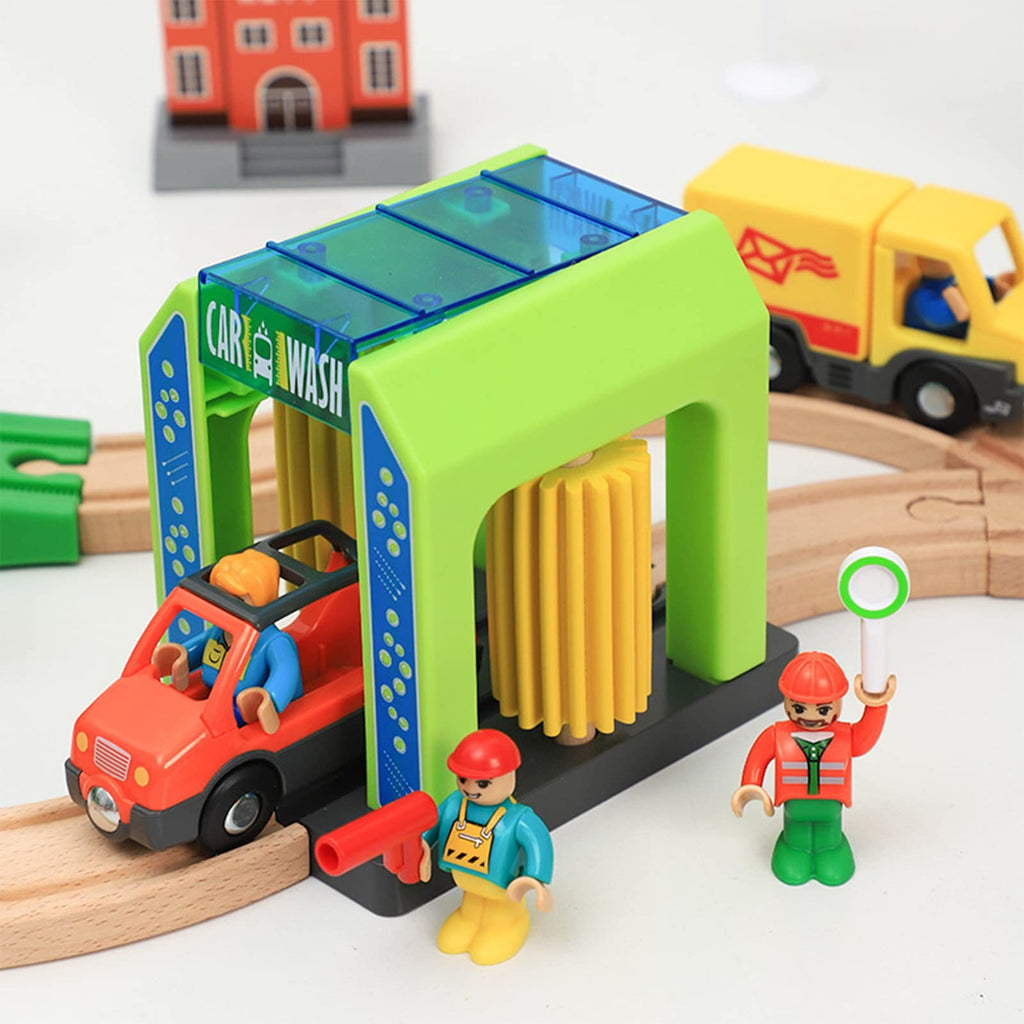 Car Wash Station Playset for Wooden Train Tracks - Pretend Play Toy with Car and Figures
