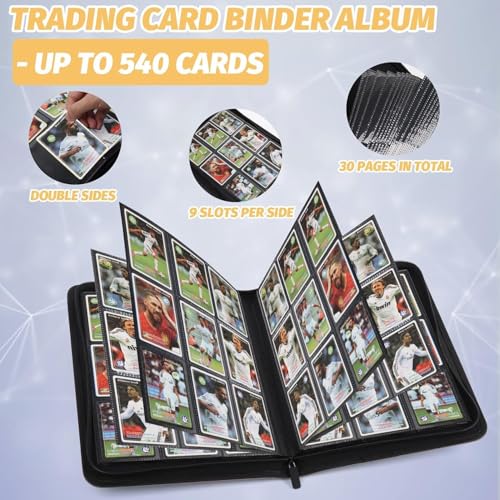 CARDBINDER 9-Pocket Card Binder - 540 Double-Sided Pockets, Zipper Closure, Black PU Leather