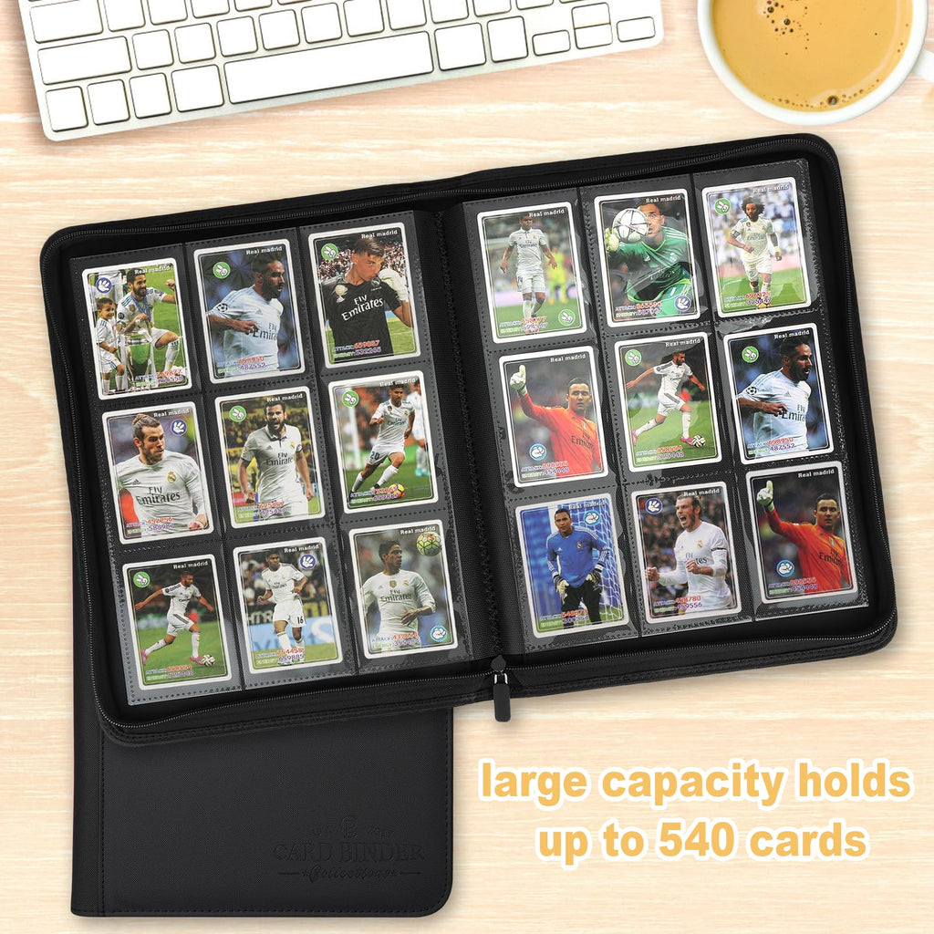 CARDBINDER 9-Pocket Card Binder - 540 Double-Sided Pockets, Zipper Closure, Black PU Leather