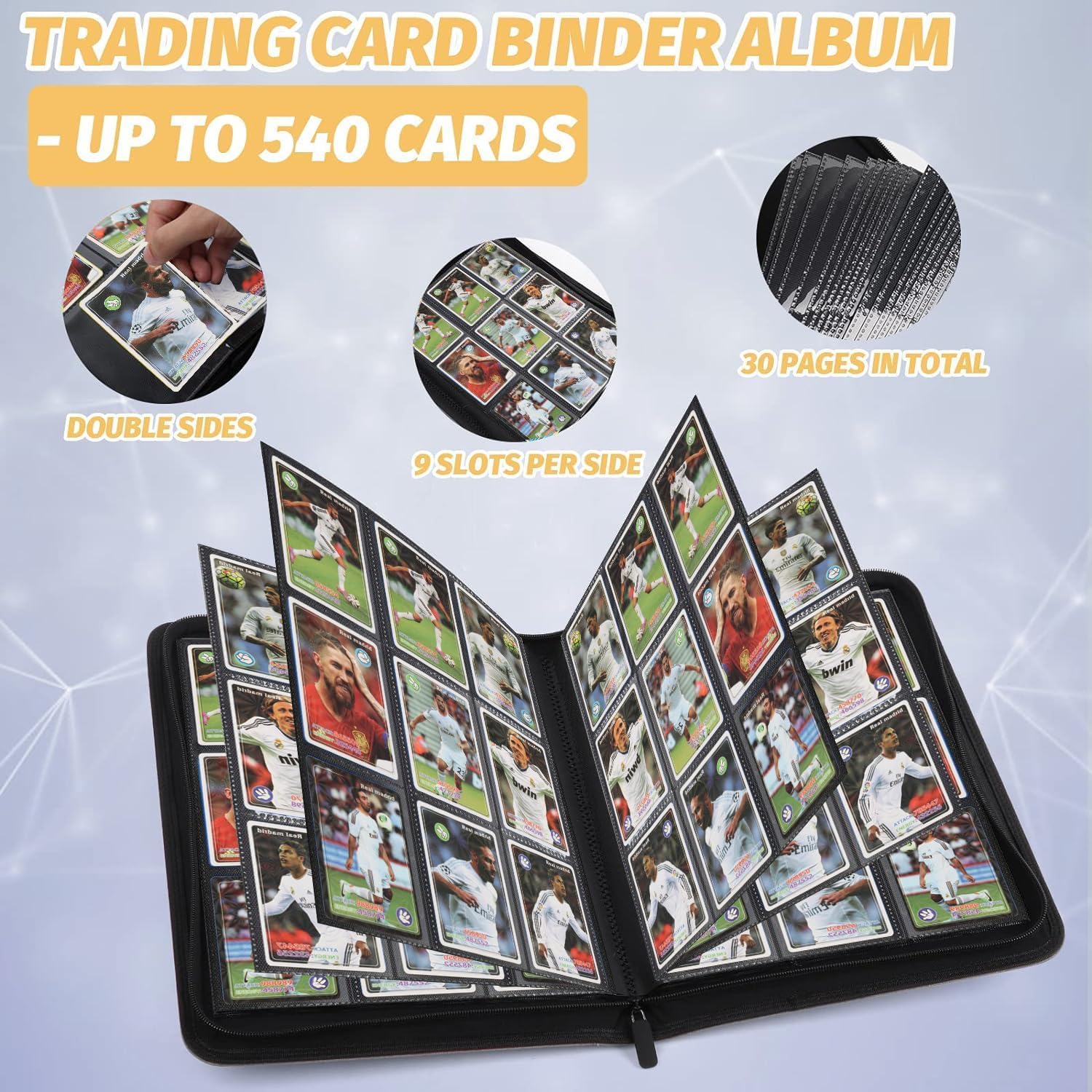 CARDBINDER 9-Pocket Card Binder - 540 Double-Sided Pockets, Zipper Closure, Black PU Leather