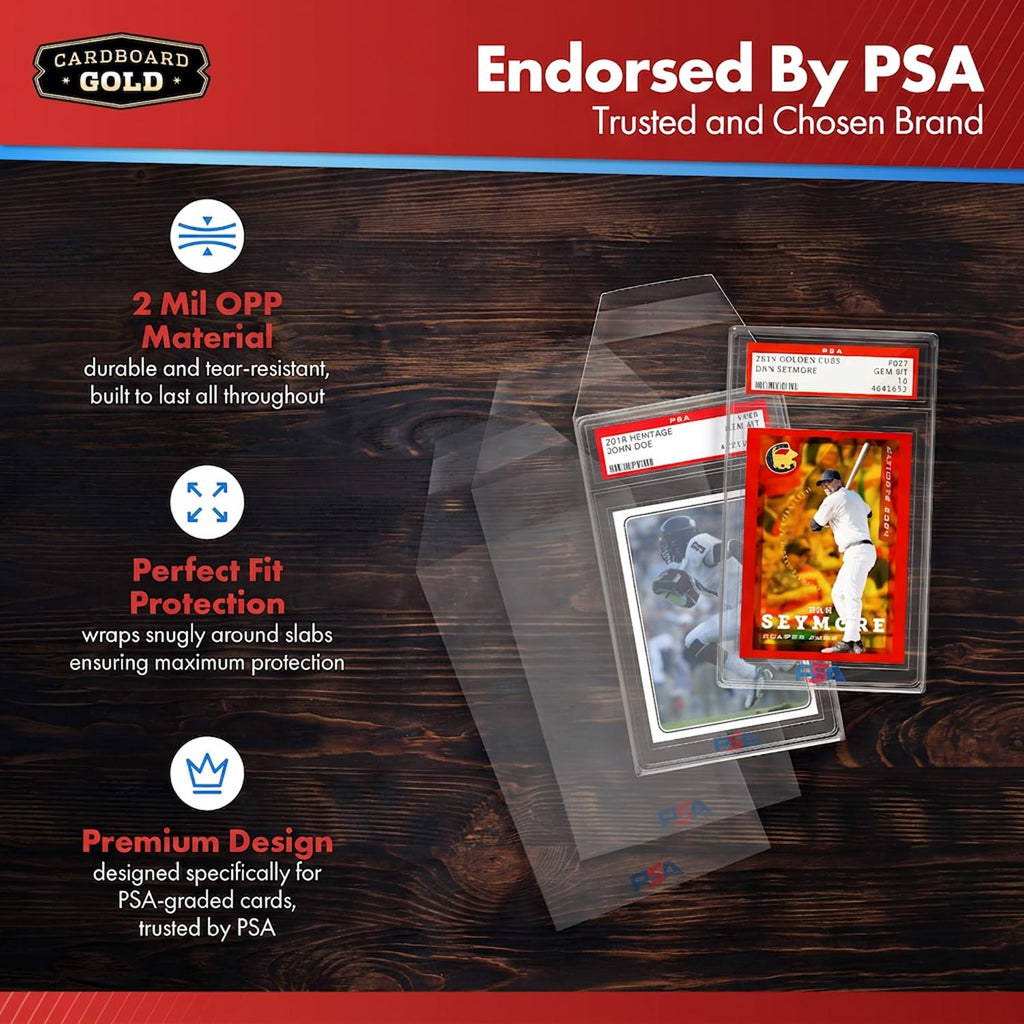 Cardboard Gold PSA Graded Card Sleeves (50 Pack) – Official PSA Logo, Resealable Slab Protectors for Trading Cards