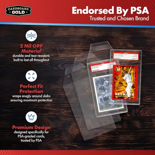Cardboard Gold PSA Graded Card Sleeves (50 Pack) – Official PSA Logo, Resealable Slab Protectors for Trading Cards