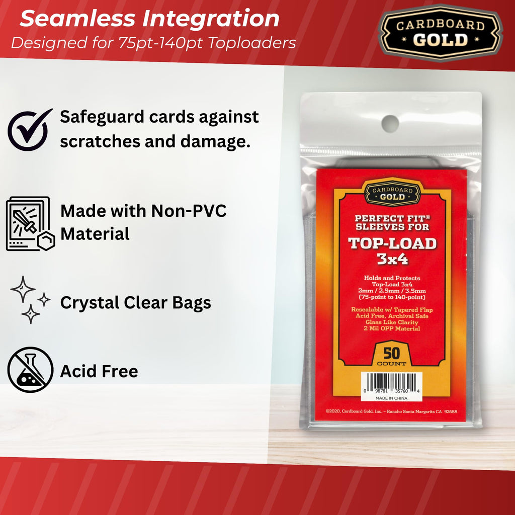 Cardboard Gold Toploader Sleeves - 50 Pack Resealable 75pt-140pt Acid-Free Clear Polypropylene Sleeves for Card Protection