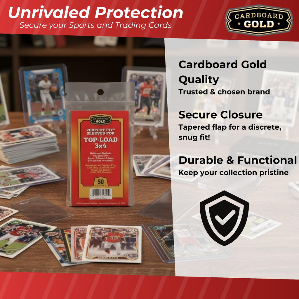 Cardboard Gold Toploader Sleeves - 50 Pack Resealable 75pt-140pt Acid-Free Clear Polypropylene Sleeves for Card Protection