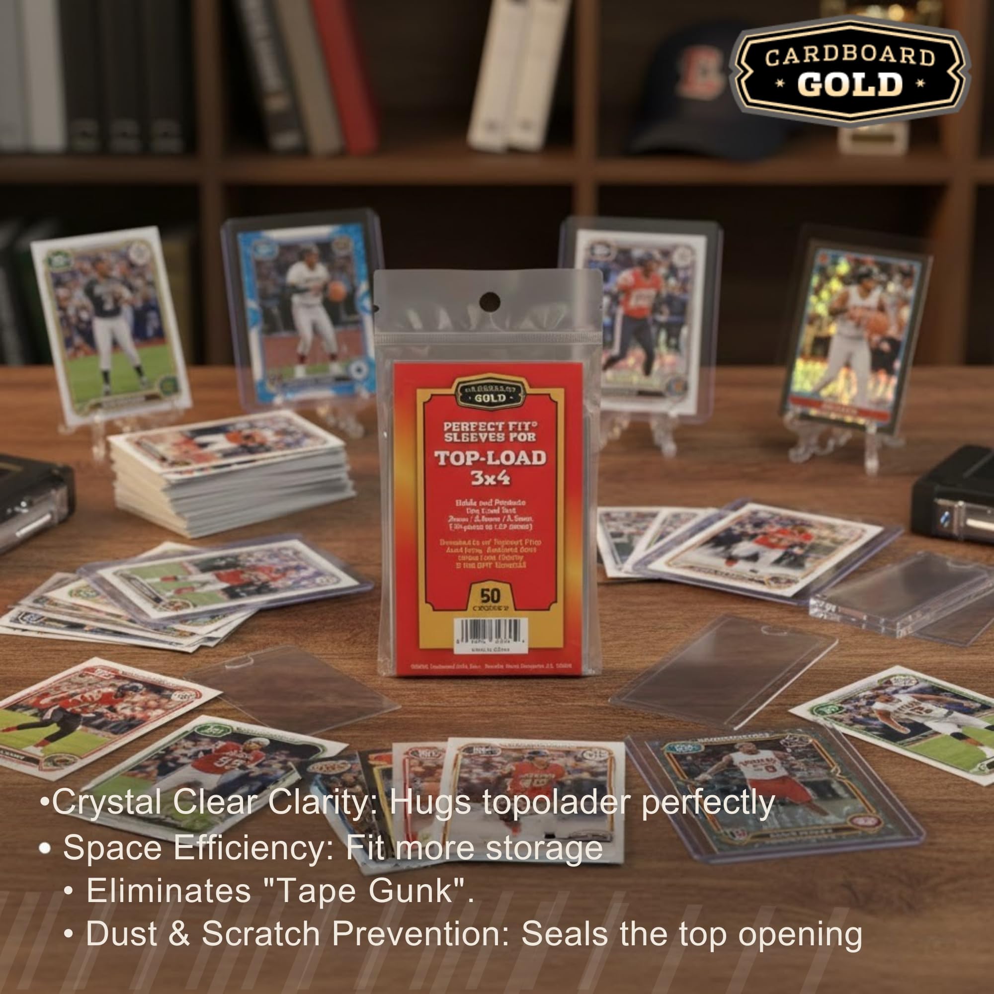 Cardboard Gold Toploader Sleeves - 50 Pack Resealable 75pt-140pt Acid-Free Clear Polypropylene Sleeves for Card Protection