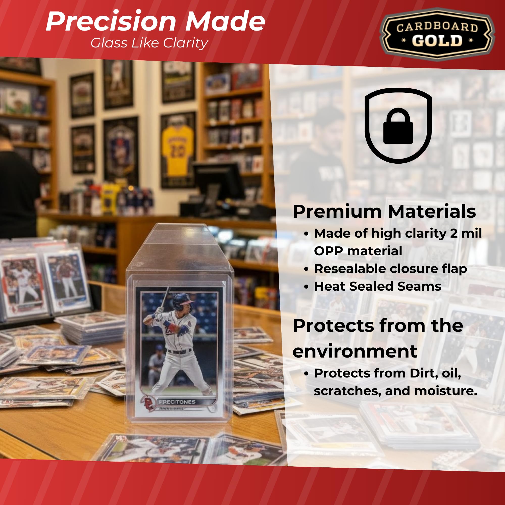 Cardboard Gold Toploader Sleeves - 50 Pack Resealable 75pt-140pt Acid-Free Clear Polypropylene Sleeves for Card Protection