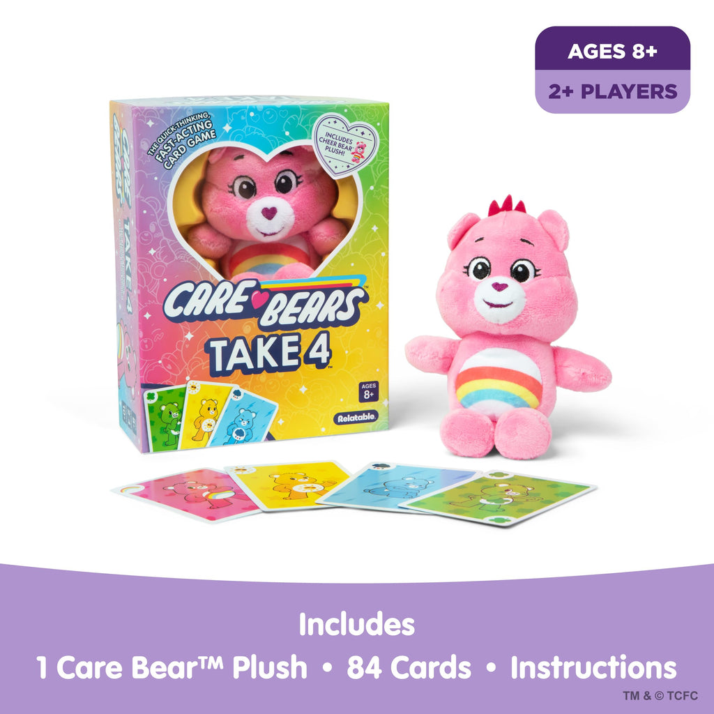 Care Bears Take 4 Card Game with Exclusive Cheer Bear Plush – Fast Family Game for Kids