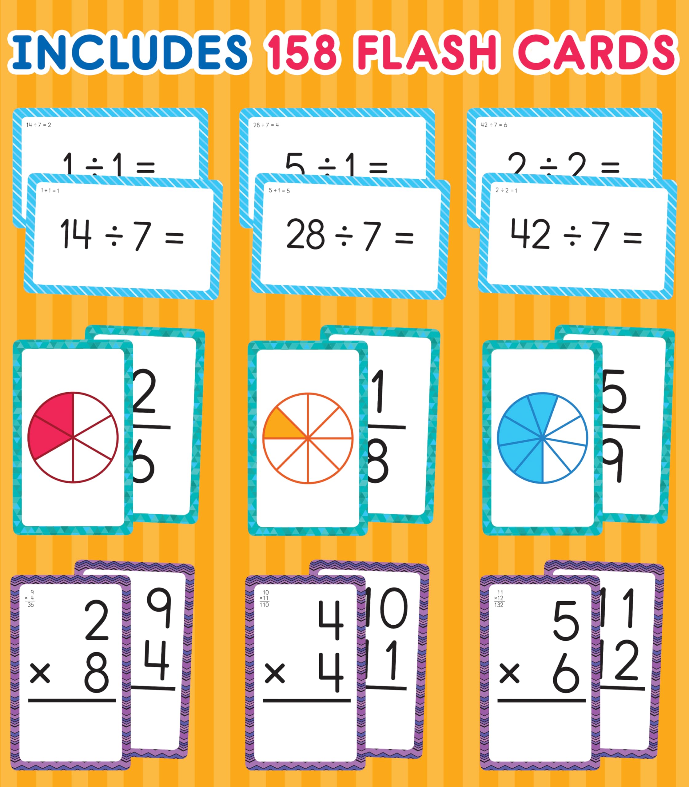 Carson Dellosa 3-Pack Math Flash Cards: Multiplication, Division & Fractions for Grades 3-5