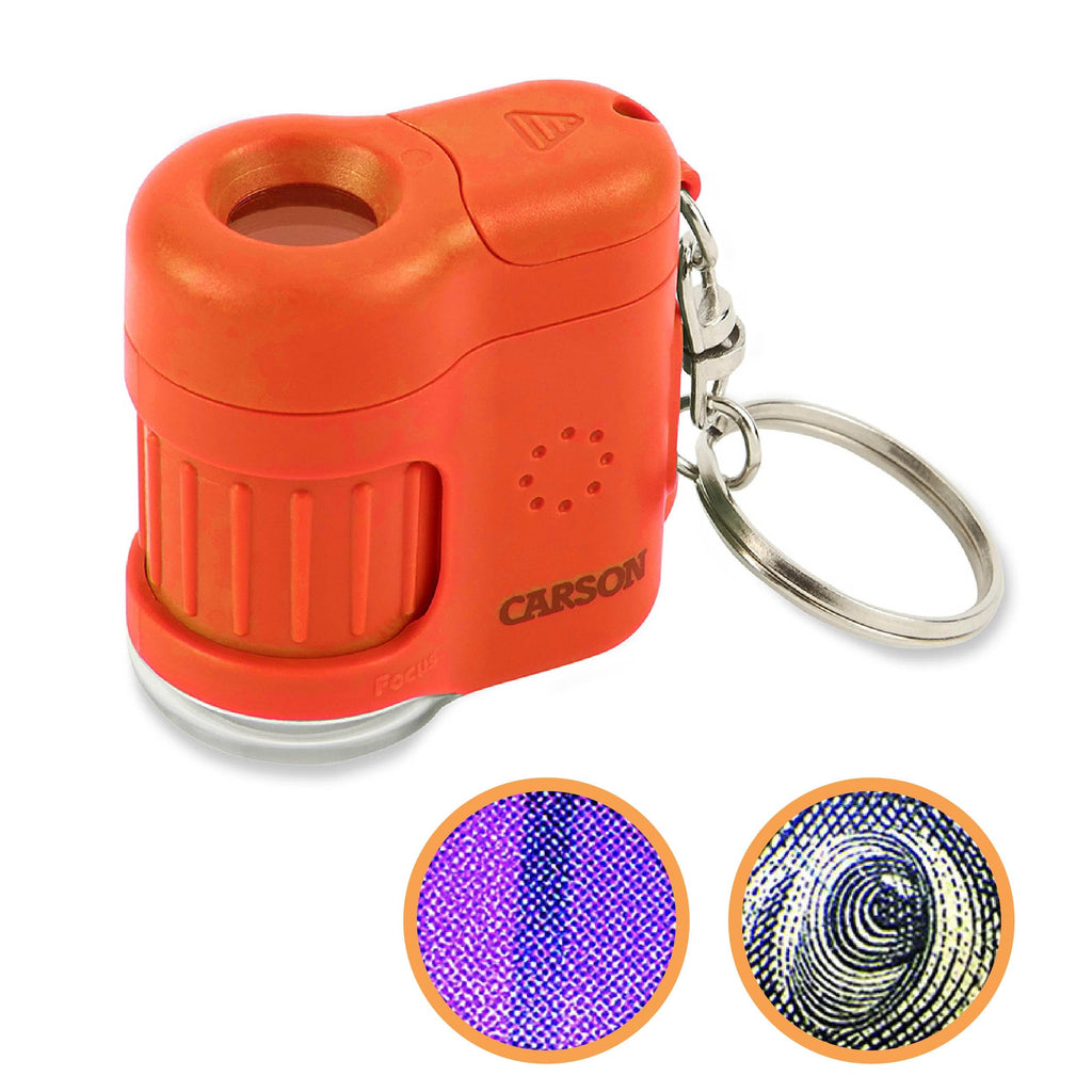 Carson MicroMini 20x Lighted Pocket Microscope with UV & LED Flashlight, Orange (MM-280O)