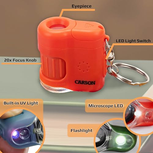 Carson MicroMini 20x Lighted Pocket Microscope with UV & LED Flashlight, Orange (MM-280O)