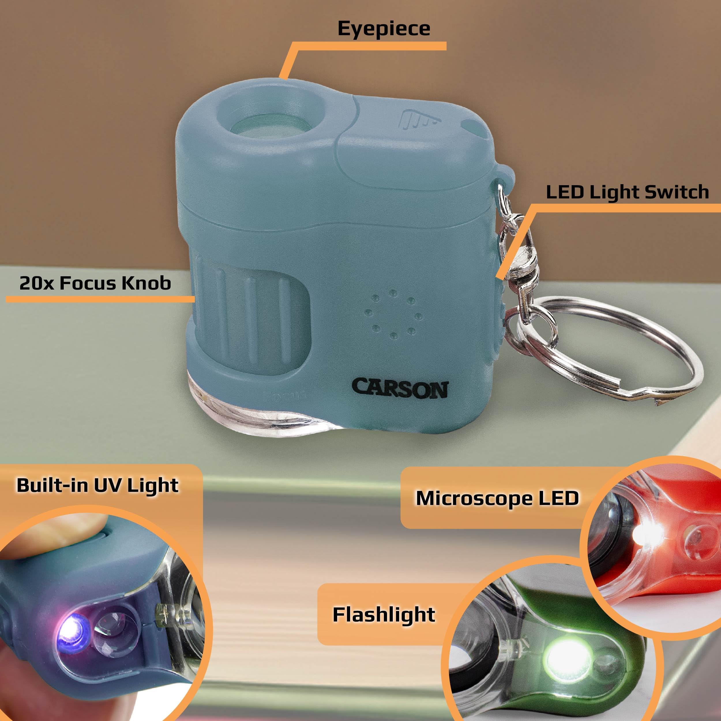 Carson MicroMini 20x Pocket Microscope for Adults – Blue with UV & LED Lights (MM-280B)