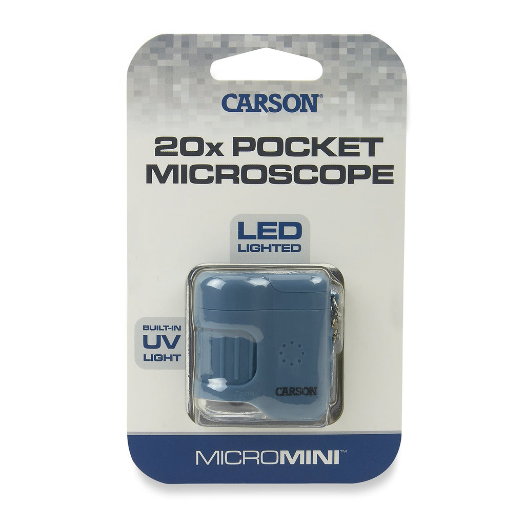 Carson MicroMini 20x Pocket Microscope for Adults – Blue with UV & LED Lights (MM-280B)