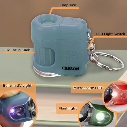 Carson MicroMini 20x Pocket Microscope for Adults – Blue with UV & LED Lights (MM-280B)