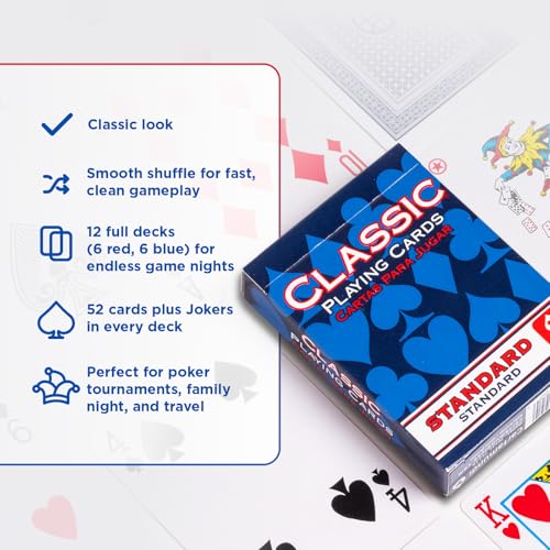 Cartamundi Classic Playing Cards 12 Pack – Standard Index Poker Decks (6 Red, 6 Blue)