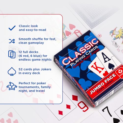 Cartamundi Jumbo Index Playing Cards 12 Pack – Red and Blue Casino Quality Bulk Decks