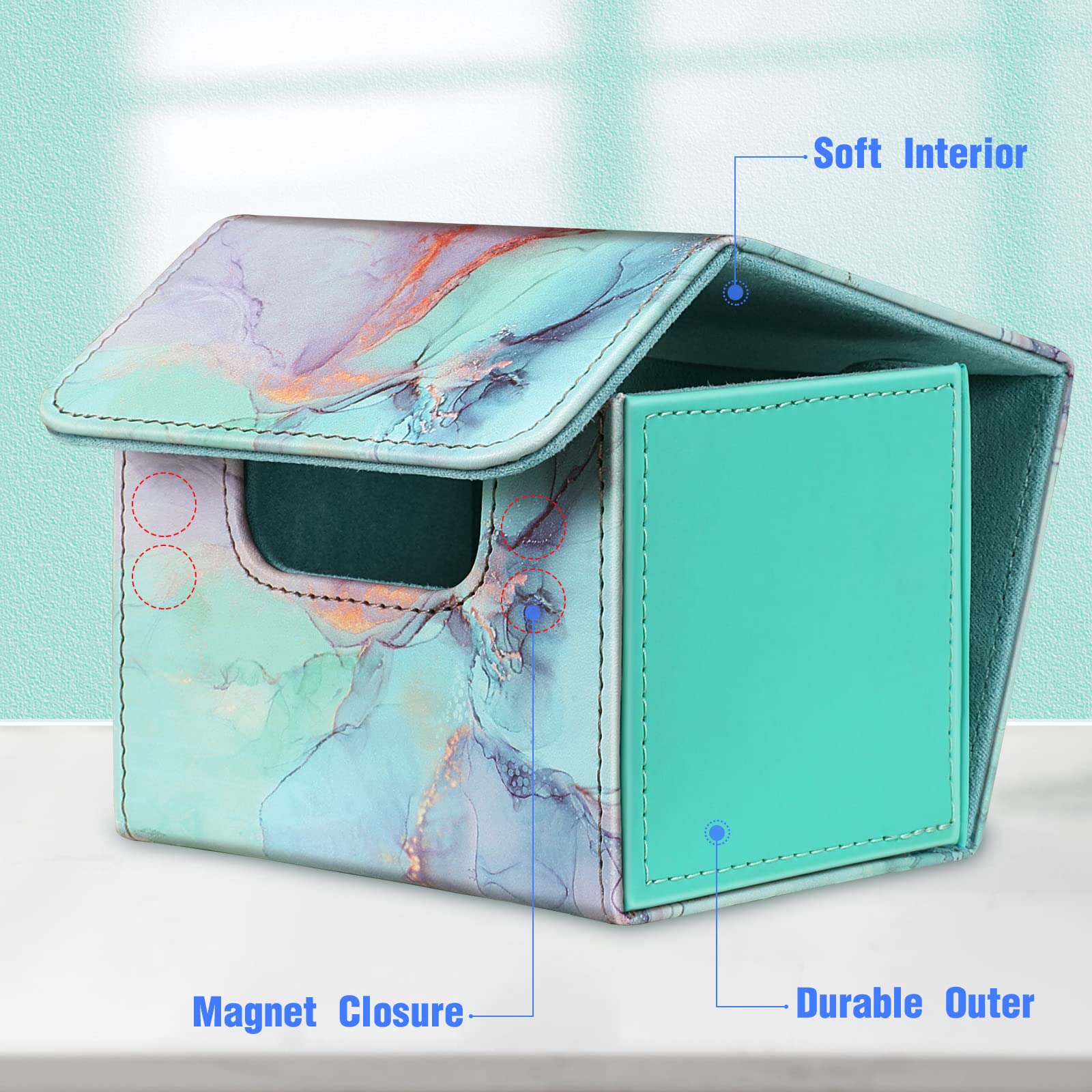 CaseBot Magnetic Card Deck Box – Holds 180 Cards, Leather Exterior, Emerald Marble
