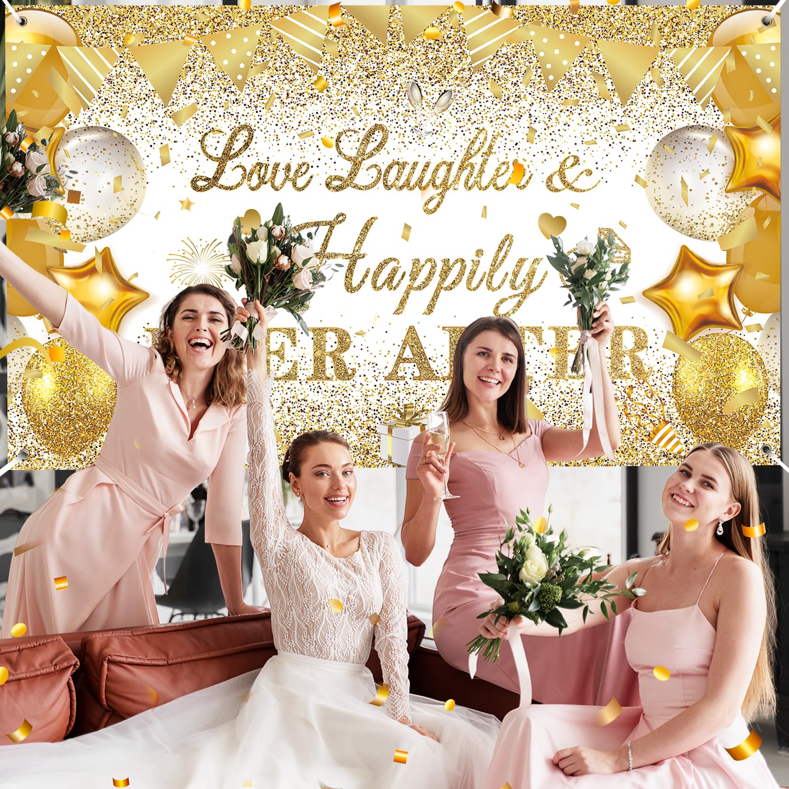 CASLON White Gold Love Laughter and Happily Ever After Banner 43x71 inch Wedding Shower Backdrop