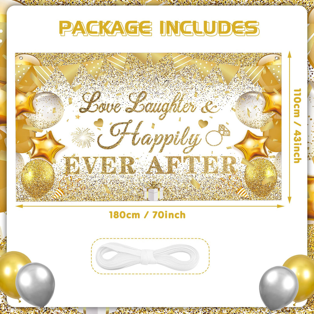 CASLON White Gold Love Laughter and Happily Ever After Banner 43x71 inch Wedding Shower Backdrop