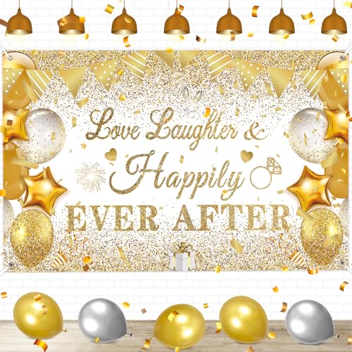 CASLON White Gold Love Laughter and Happily Ever After Banner 43x71 inch Wedding Shower Backdrop