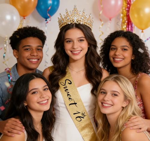 Casoty 16th Birthday Sash and Tiara Set – Gold Crown and Sweet 16 Sash with Pearl Pin