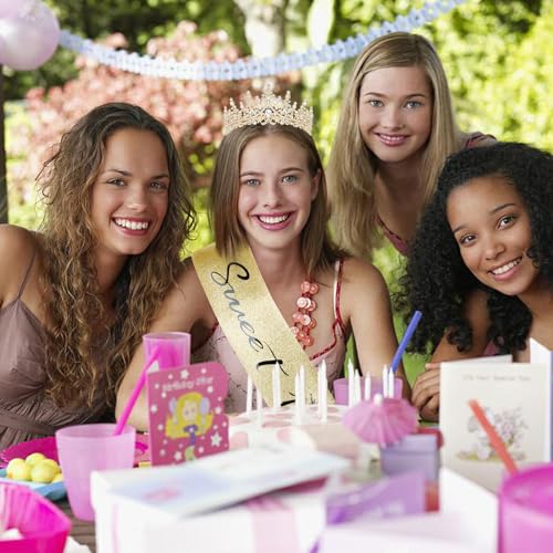 Casoty 16th Birthday Sash and Tiara Set – Gold Crown and Sweet 16 Sash with Pearl Pin