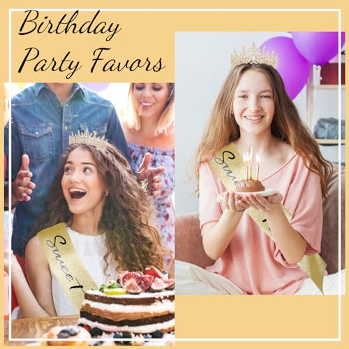 Casoty 16th Birthday Sash and Tiara Set – Gold Crown and Sweet 16 Sash with Pearl Pin