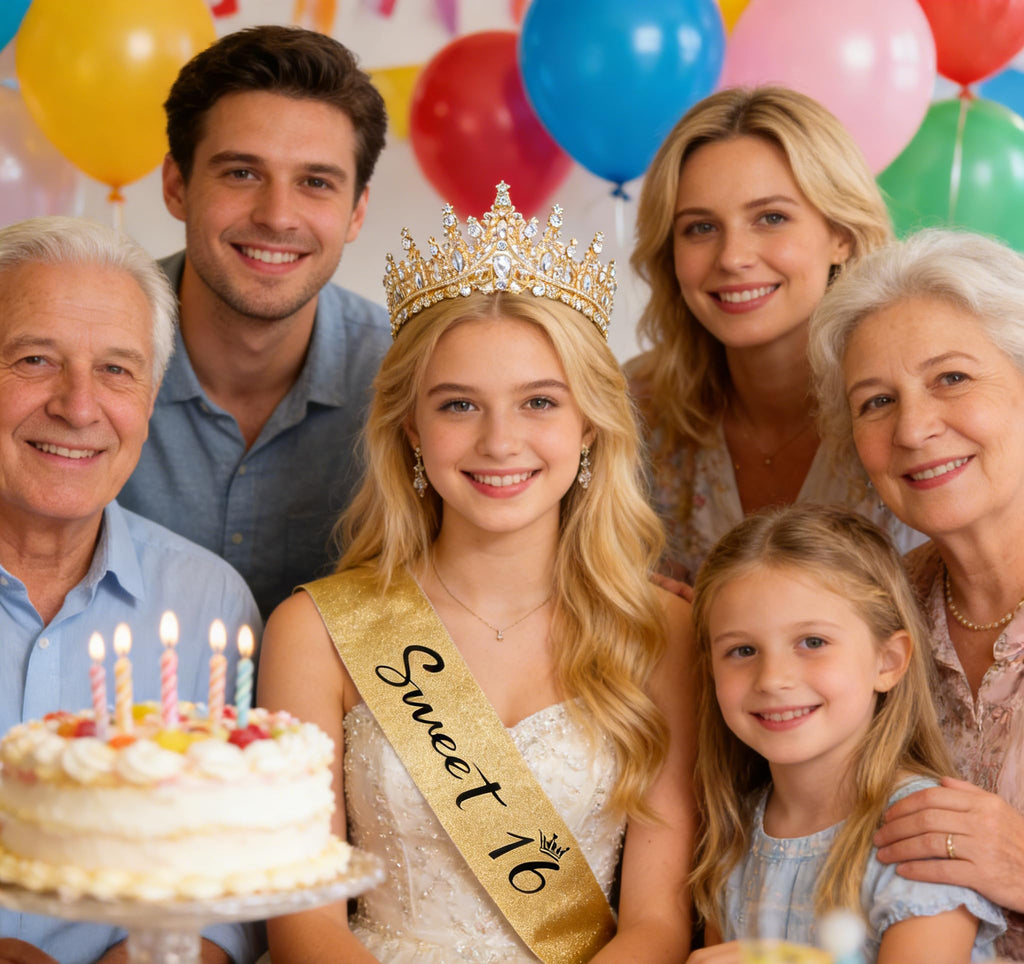 Casoty 16th Birthday Sash and Tiara Set – Gold Crown and Sweet 16 Sash with Pearl Pin