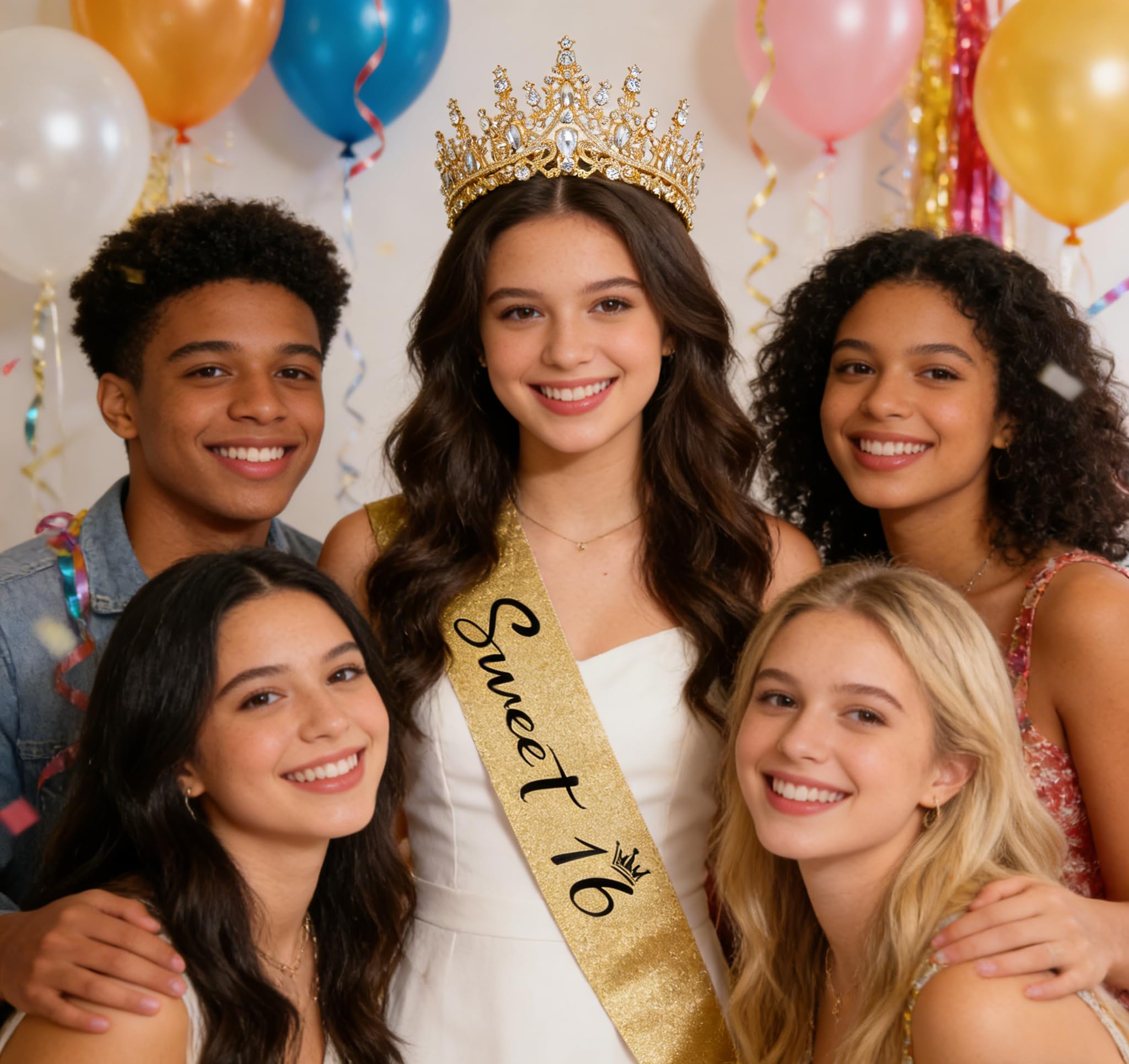 Casoty 16th Birthday Sash and Tiara Set – Gold Crown and Sweet 16 Sash with Pearl Pin
