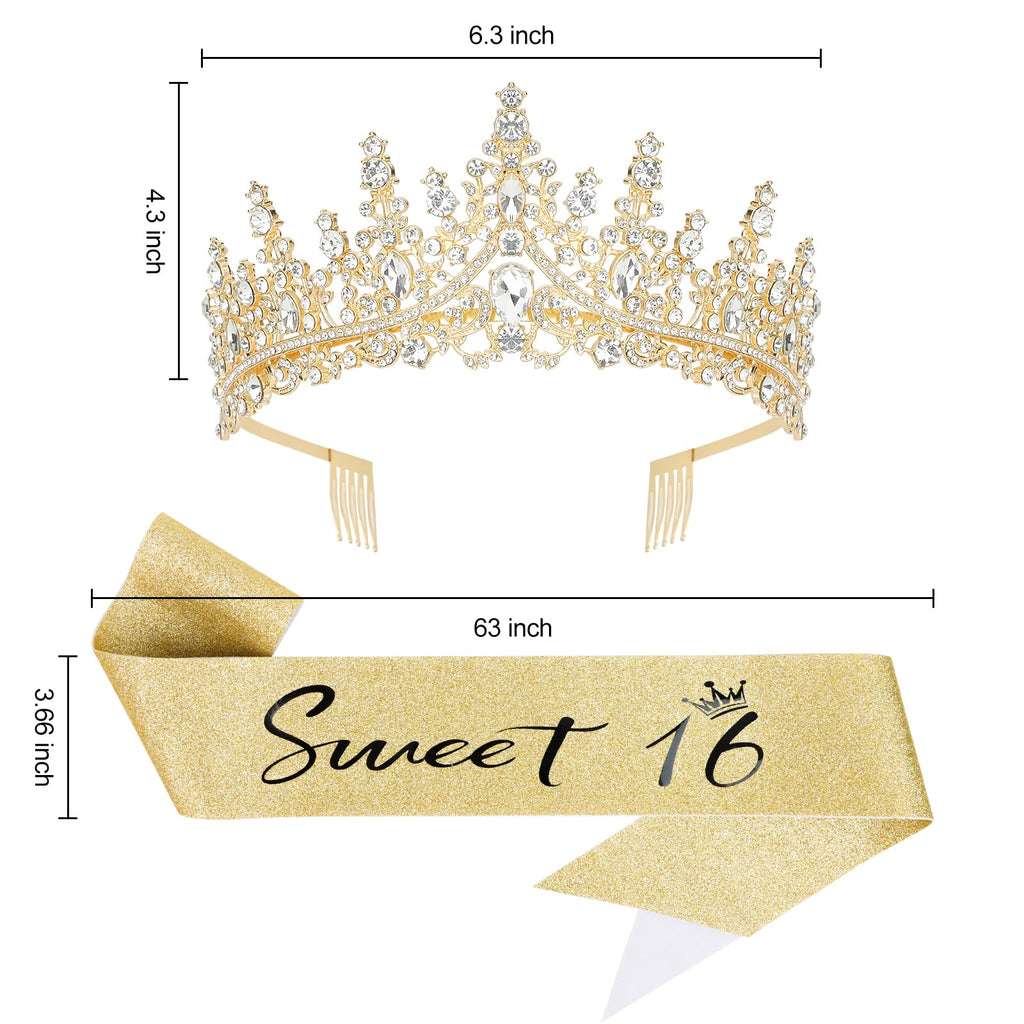 Casoty 16th Birthday Sash and Tiara Set – Gold Crown and Sweet 16 Sash with Pearl Pin