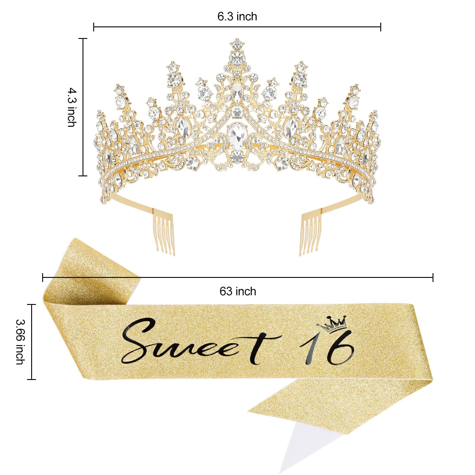 Casoty 16th Birthday Sash and Tiara Set – Gold Crown and Sweet 16 Sash with Pearl Pin