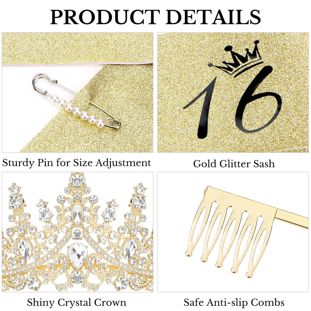 Casoty 16th Birthday Sash and Tiara Set – Gold Crown and Sweet 16 Sash with Pearl Pin
