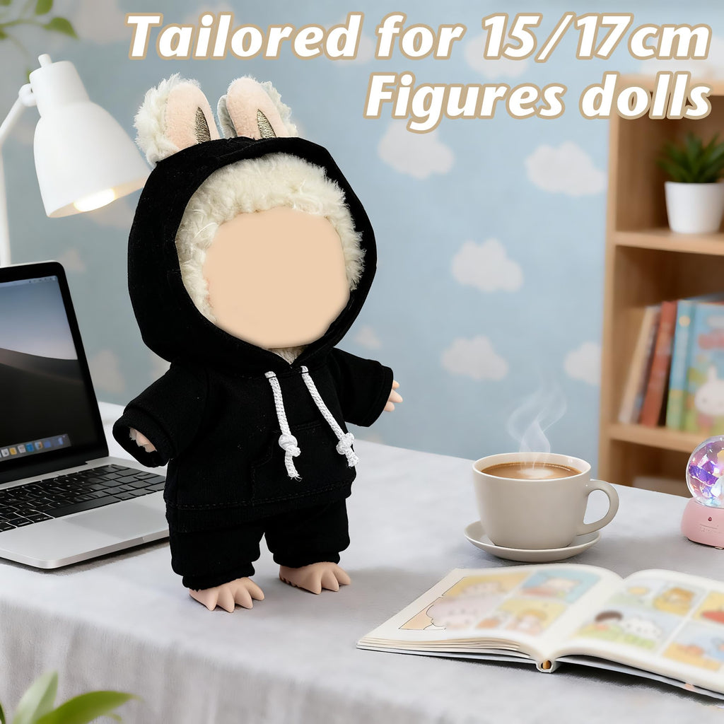 Casual Hoodie and Pants Outfit Set for 15/17cm LABUBU Doll – Black Set