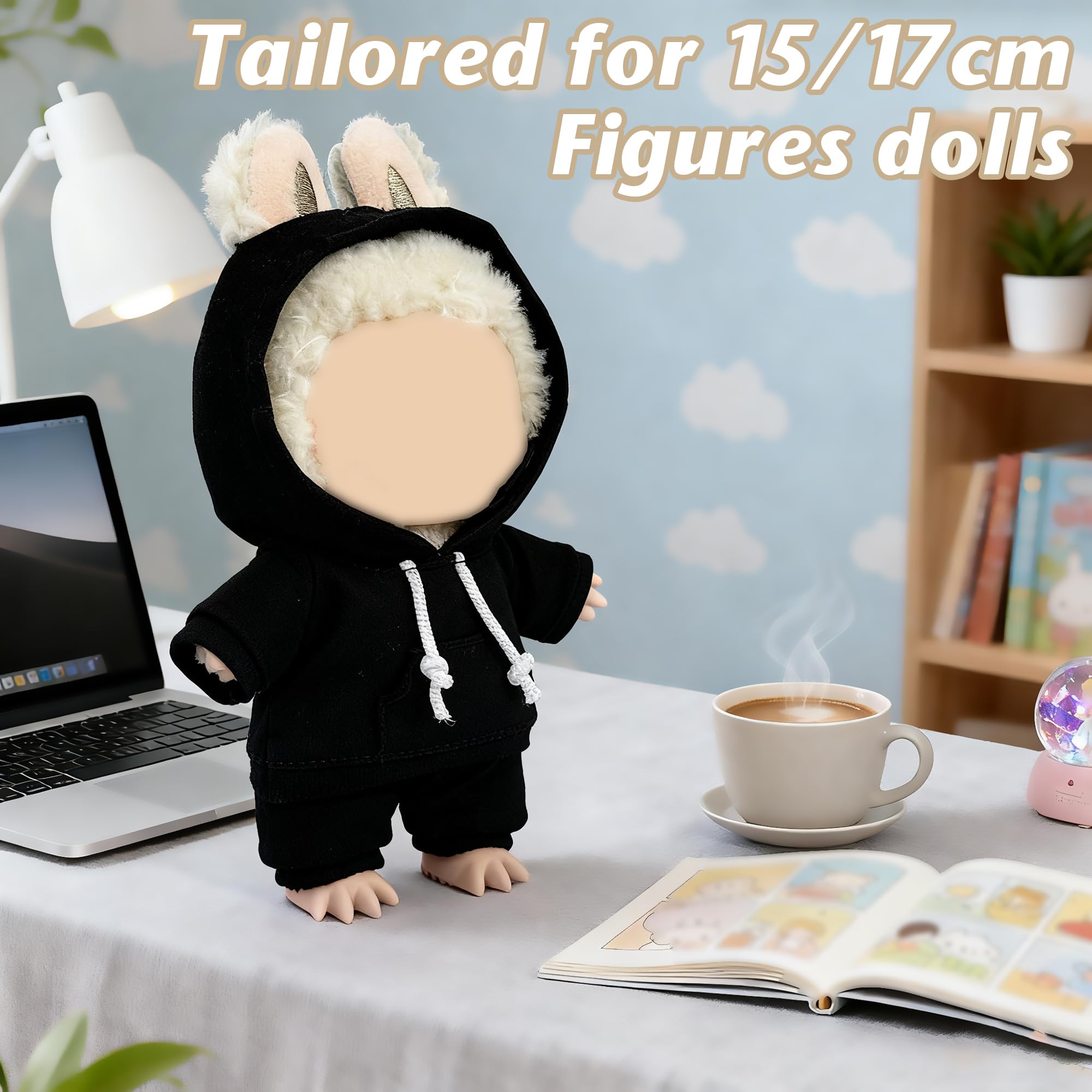 Casual Hoodie and Pants Outfit Set for 15/17cm LABUBU Doll – Black Set