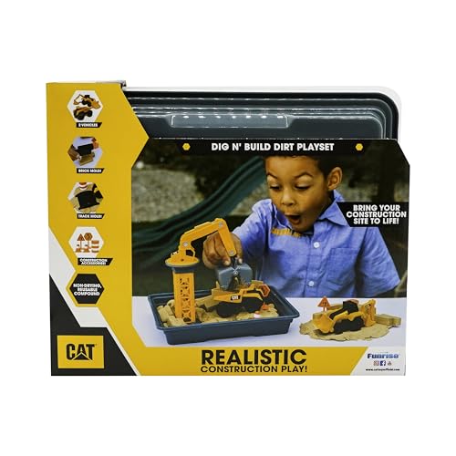CAT Dig N' Build Dirt Playset – 12 oz Moldable Dirt, Crane, Vehicles, Molds & Tray, Ages 3+