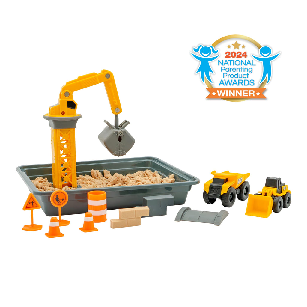 CAT Dig N' Build Dirt Playset – 12 oz Moldable Dirt, Crane, Vehicles, Molds & Tray, Ages 3+