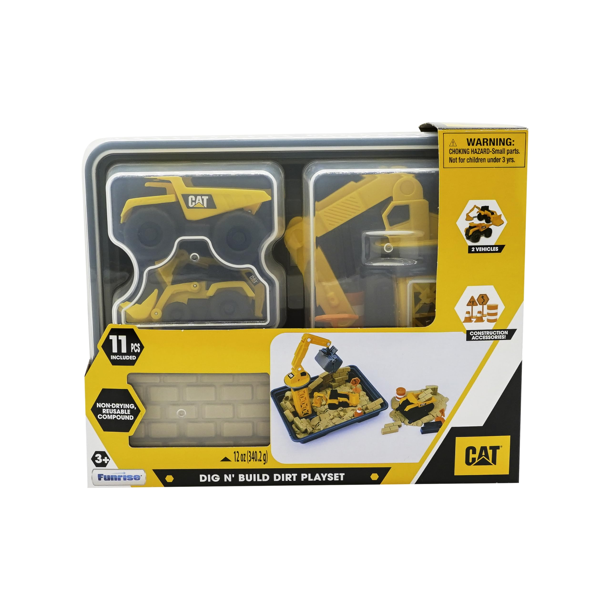 CAT Dig N' Build Dirt Playset – 12 oz Moldable Dirt, Crane, Vehicles, Molds & Tray, Ages 3+