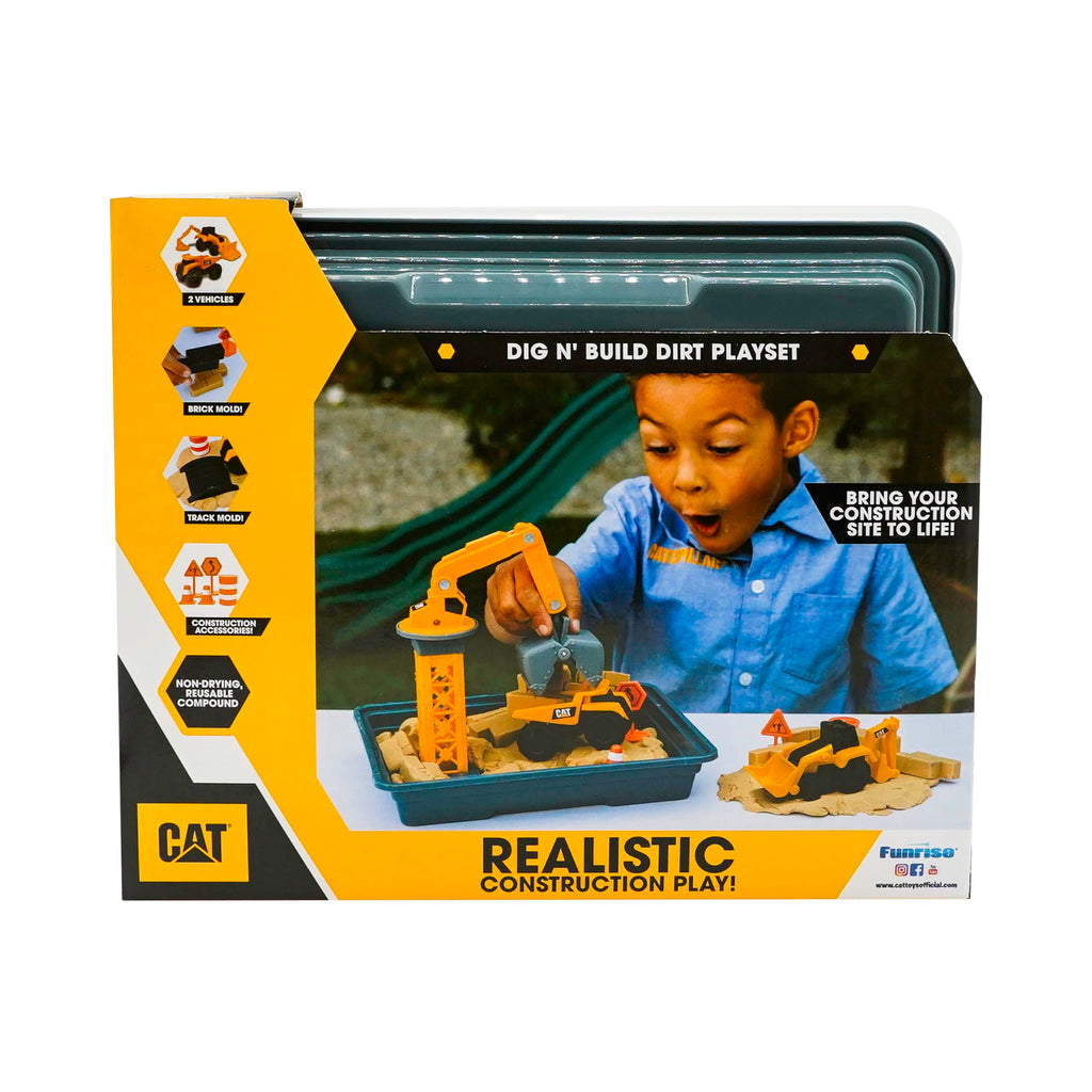 CAT Dig N' Build Dirt Playset – 12 oz Moldable Dirt, Crane, Vehicles, Molds & Tray, Ages 3+