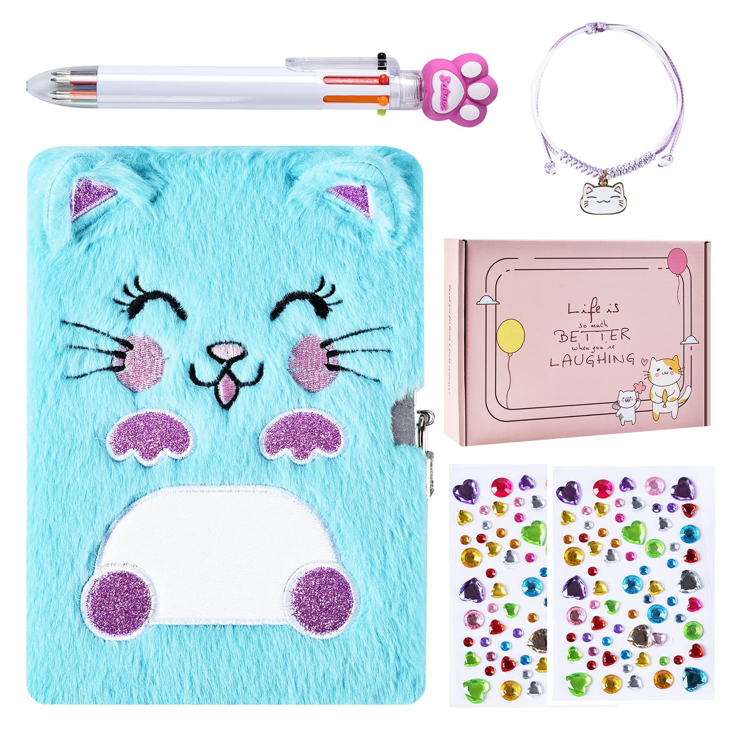 Cat Plush Diary with Lock and Keys for Girls - A5 Secret Journal 160 Pages