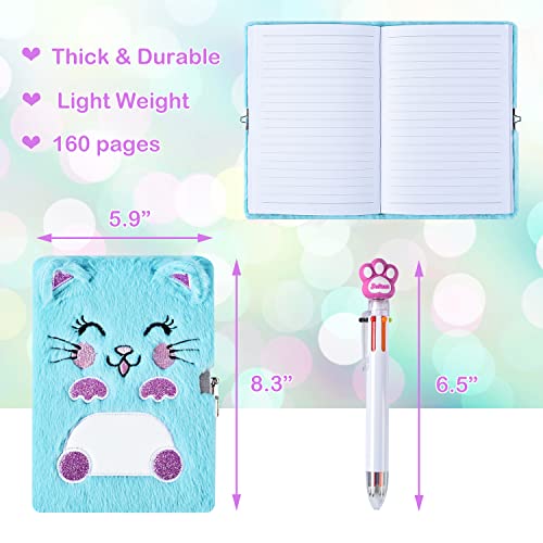 Cat Plush Diary with Lock and Keys for Girls - A5 Secret Journal 160 Pages