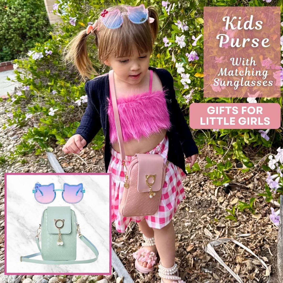 Cat Purse for Little Girls with Cat Sunglasses & Gift Box – Crossbody Bag for Kids (Pink)