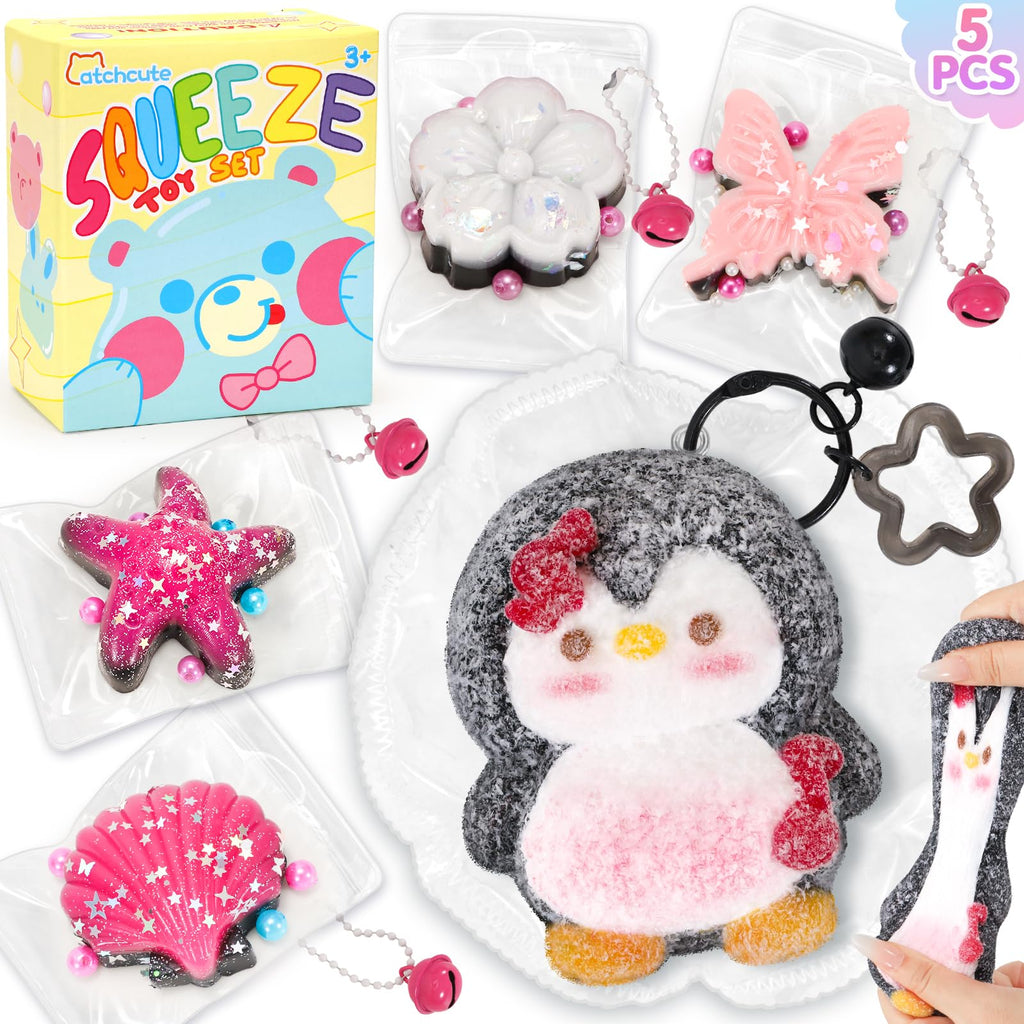 CatchCute 5-Pack Fidget Squeeze Toys - Penguin, Starfish, Seashell, Flower, Butterfly - Soft Sensory Stress Relief Set