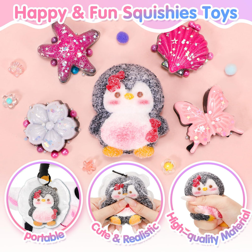 CatchCute 5-Pack Fidget Squeeze Toys - Penguin, Starfish, Seashell, Flower, Butterfly - Soft Sensory Stress Relief Set