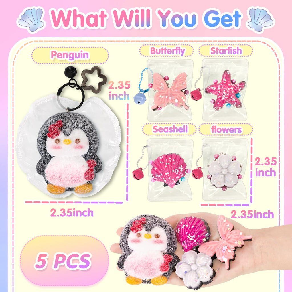 CatchCute 5-Pack Fidget Squeeze Toys - Penguin, Starfish, Seashell, Flower, Butterfly - Soft Sensory Stress Relief Set