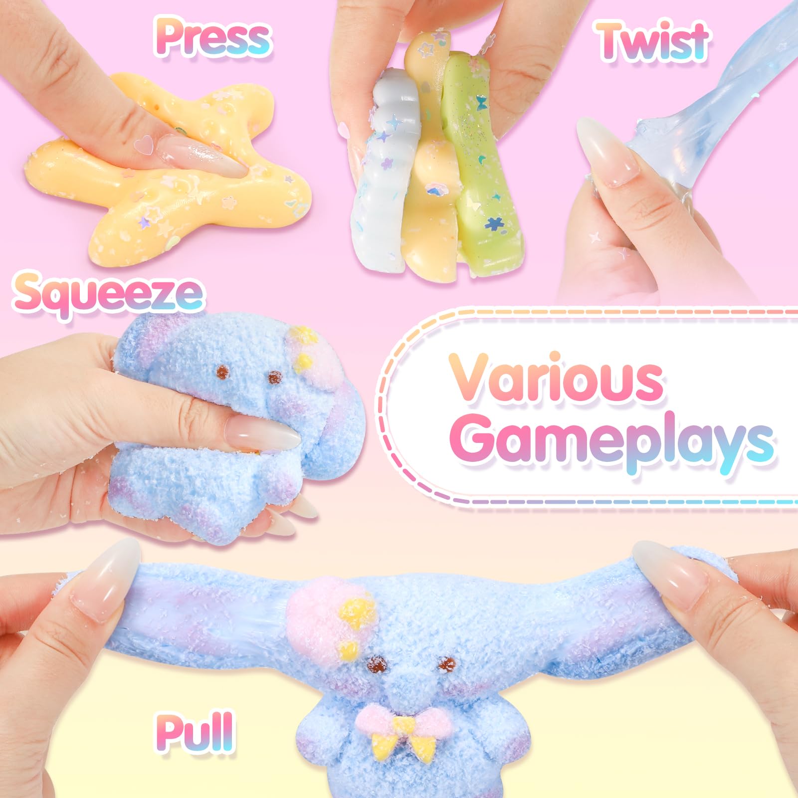 CatchCute 5-Pack Squishy Toys Set – Soft Silicone Elephant, Starfish, Crab & More for Stress Relief and Sensory Play