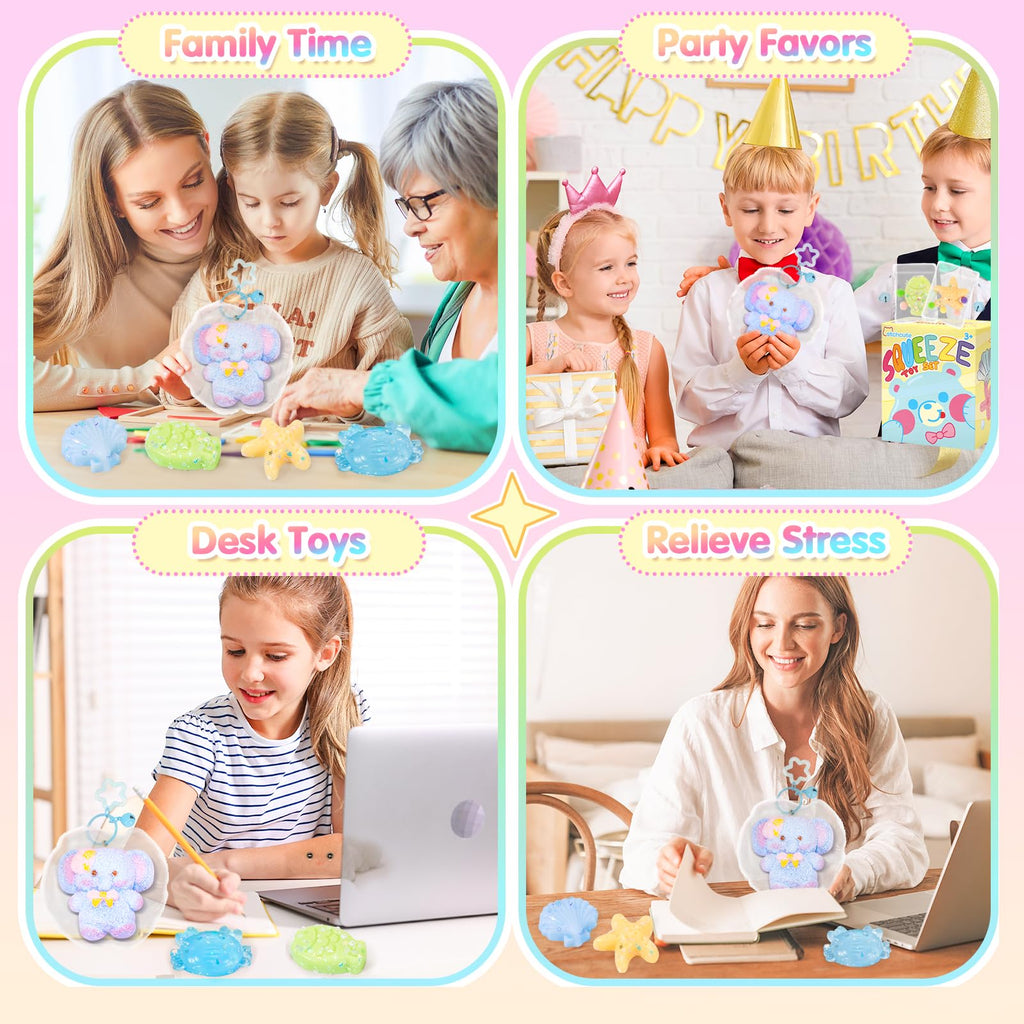 CatchCute 5-Pack Squishy Toys Set – Soft Silicone Elephant, Starfish, Crab & More for Stress Relief and Sensory Play