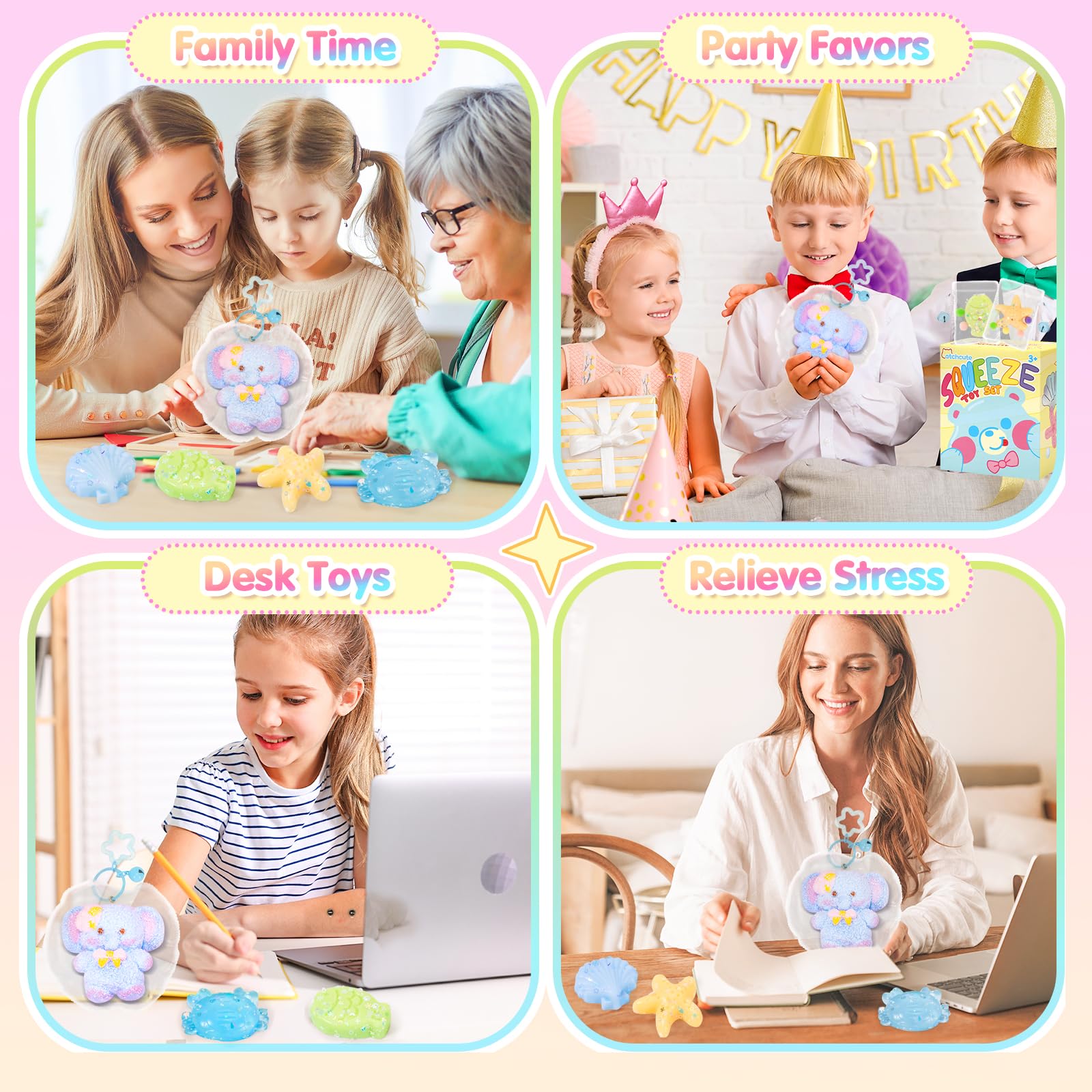 CatchCute 5-Pack Squishy Toys Set – Soft Silicone Elephant, Starfish, Crab & More for Stress Relief and Sensory Play