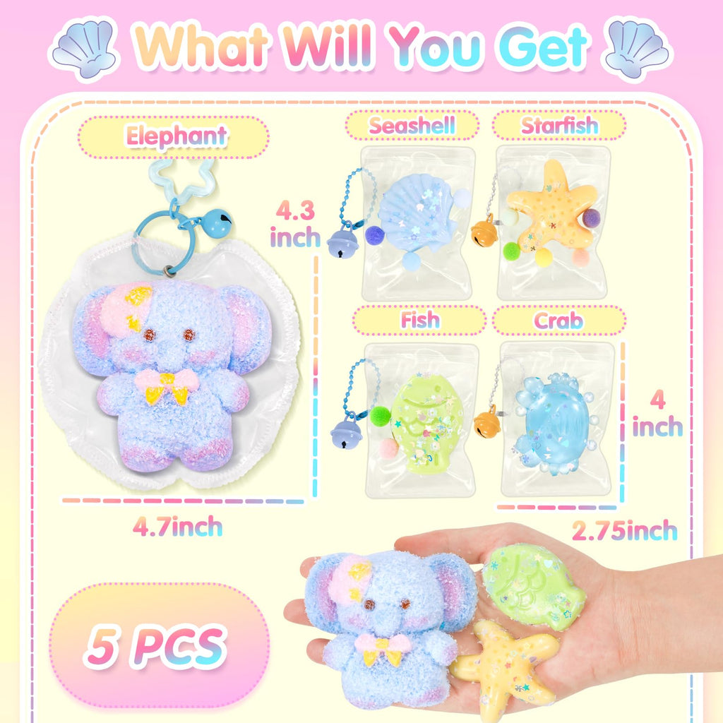 CatchCute 5-Pack Squishy Toys Set – Soft Silicone Elephant, Starfish, Crab & More for Stress Relief and Sensory Play